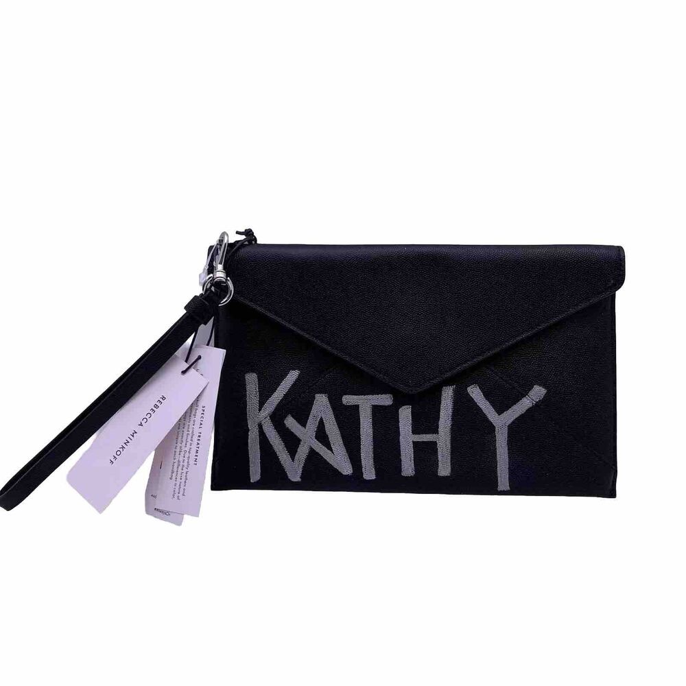 REBECCA MINKOFF Leo Black Leather Envelope Wristlet Purse Clutch “Kathy” NWT